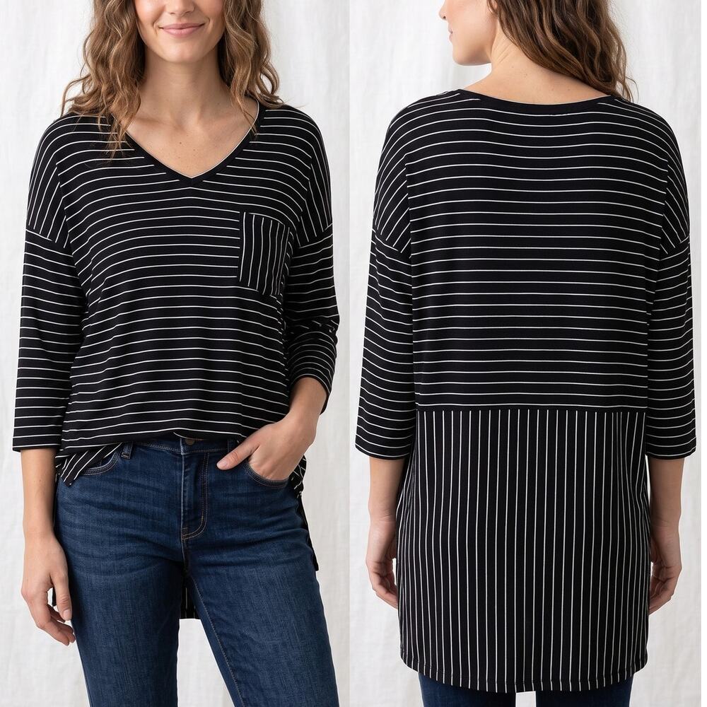 Faded Glory Womens 1X 16W Black White Stripe V Neck 3/4 Sleeve Tunic